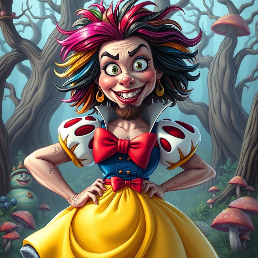 Transgender Snow White Parody in Grotesque Cartoon Style