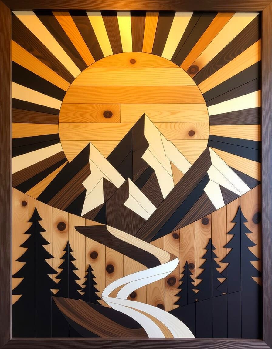 Wooden Sun and Mountains Mural