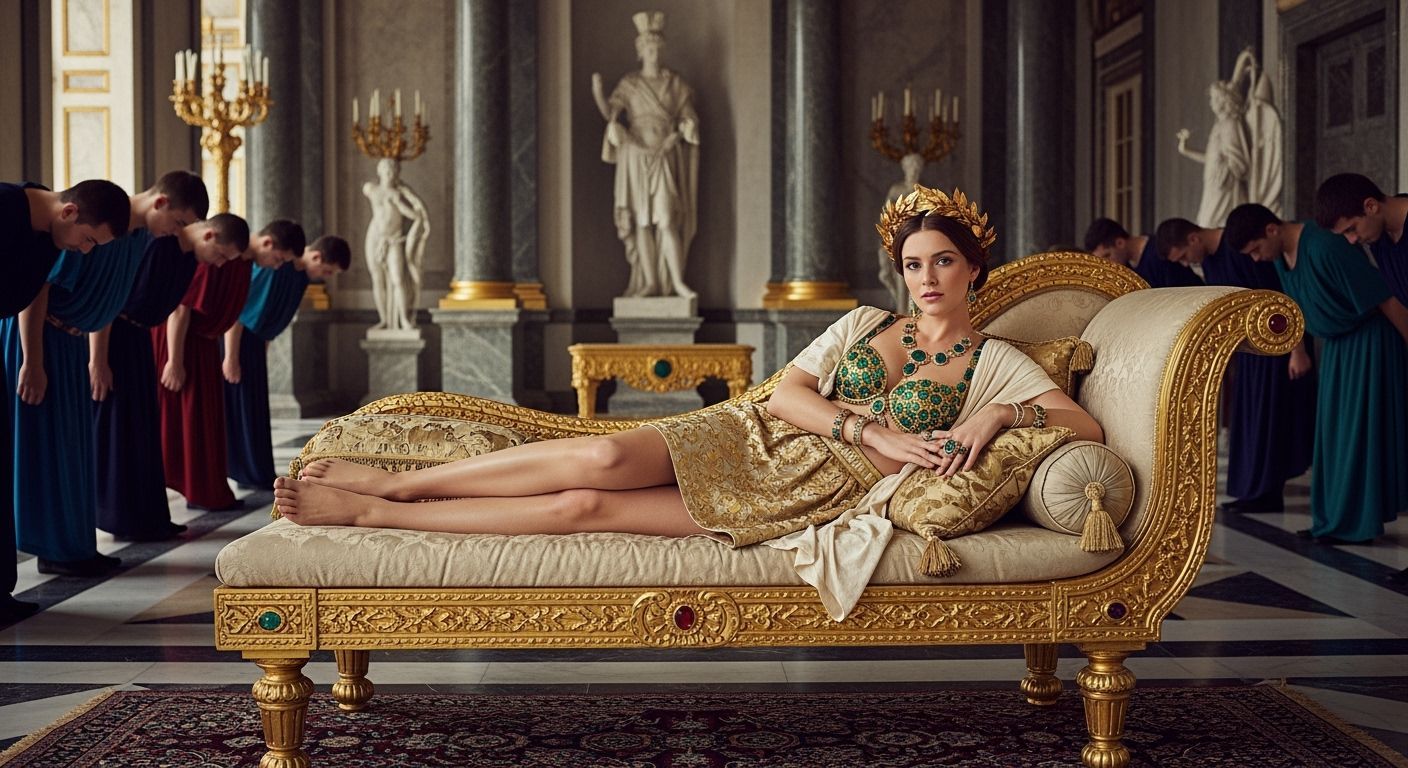 Opulent Roman Empress on Golden Chaise Longue