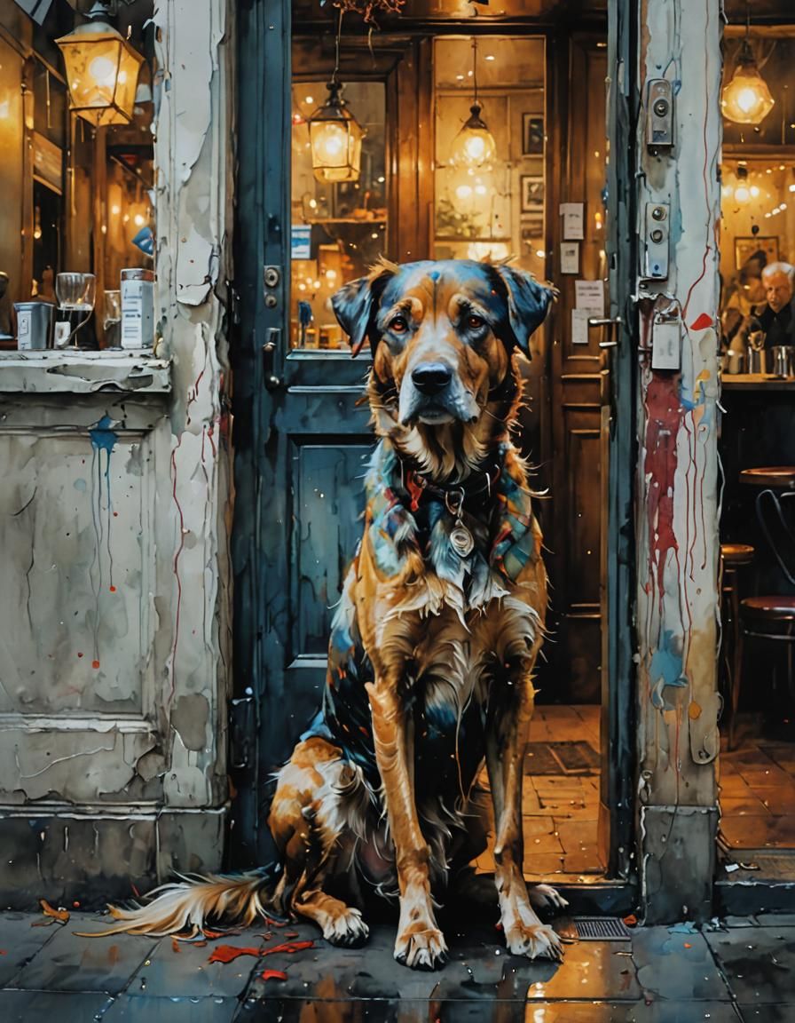 Hopeful Dog Outside Cafe in Surreal Style