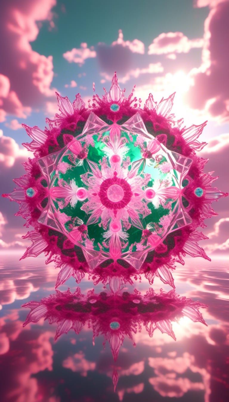 Pink Crystal Mandala with Angels and Demons, Psychedelic Art