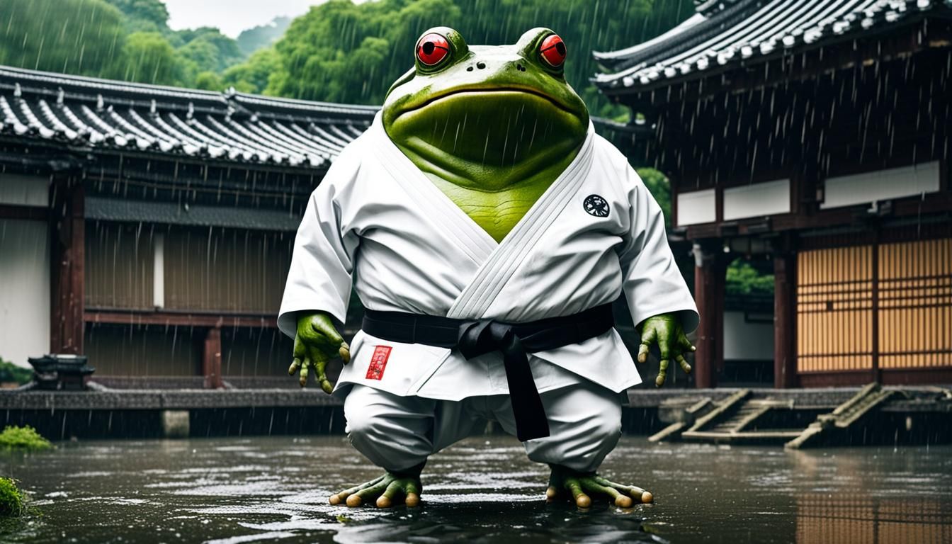 Giant Judo Frog in Rainy Japanese City