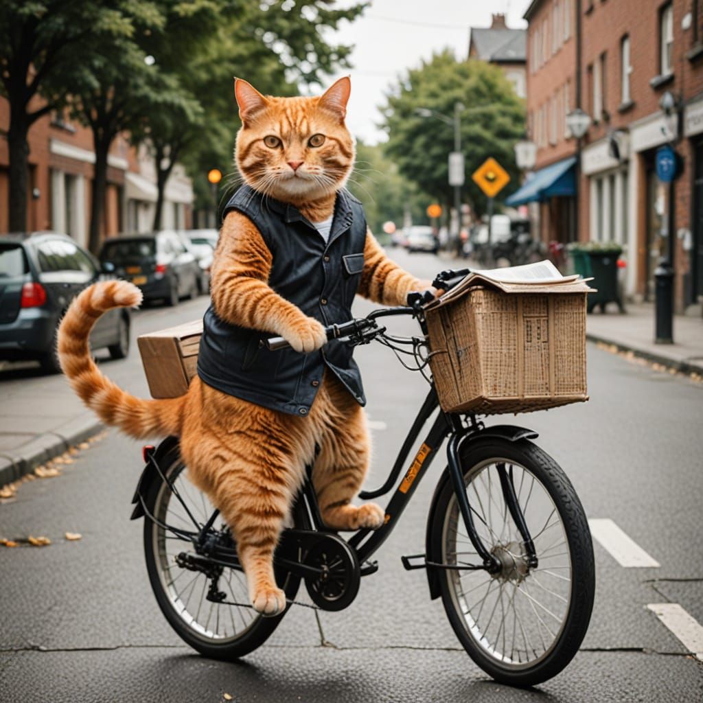 Orange Cat on Bike Delivers Newspapers