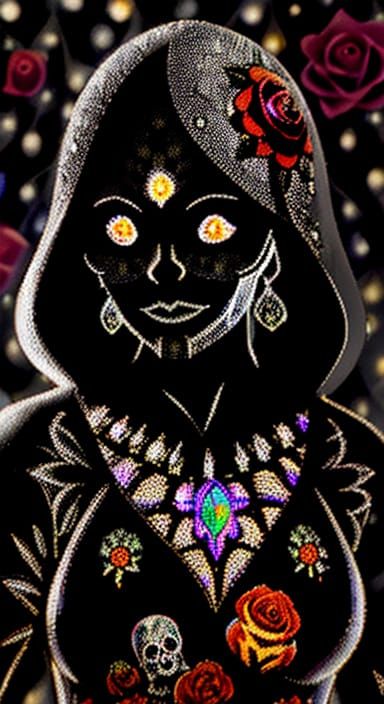 Ethereal Rose Garden Scene in Vantablack Pointillism Style