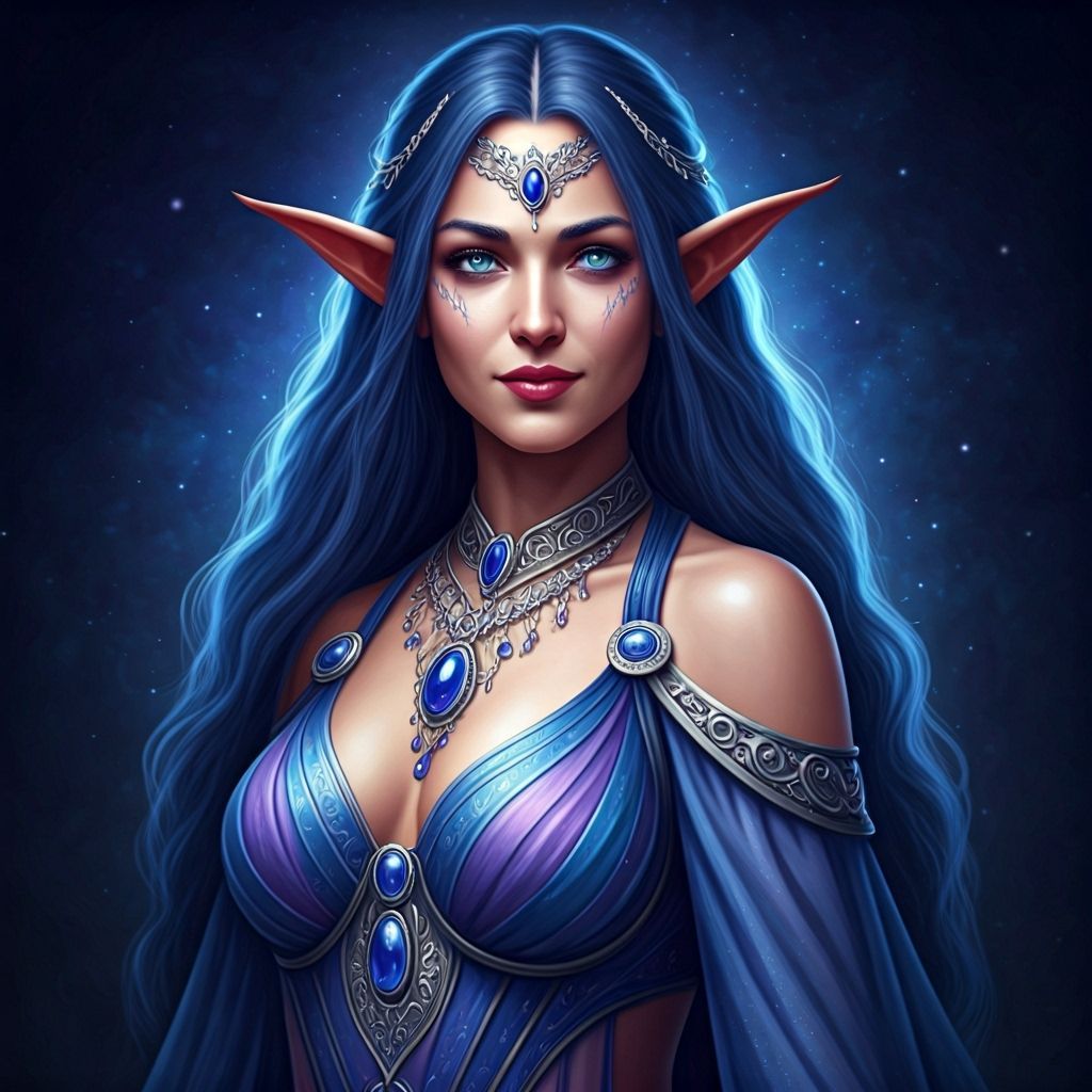 Elf Woman Radiating Celestial Energy in Royal Blues