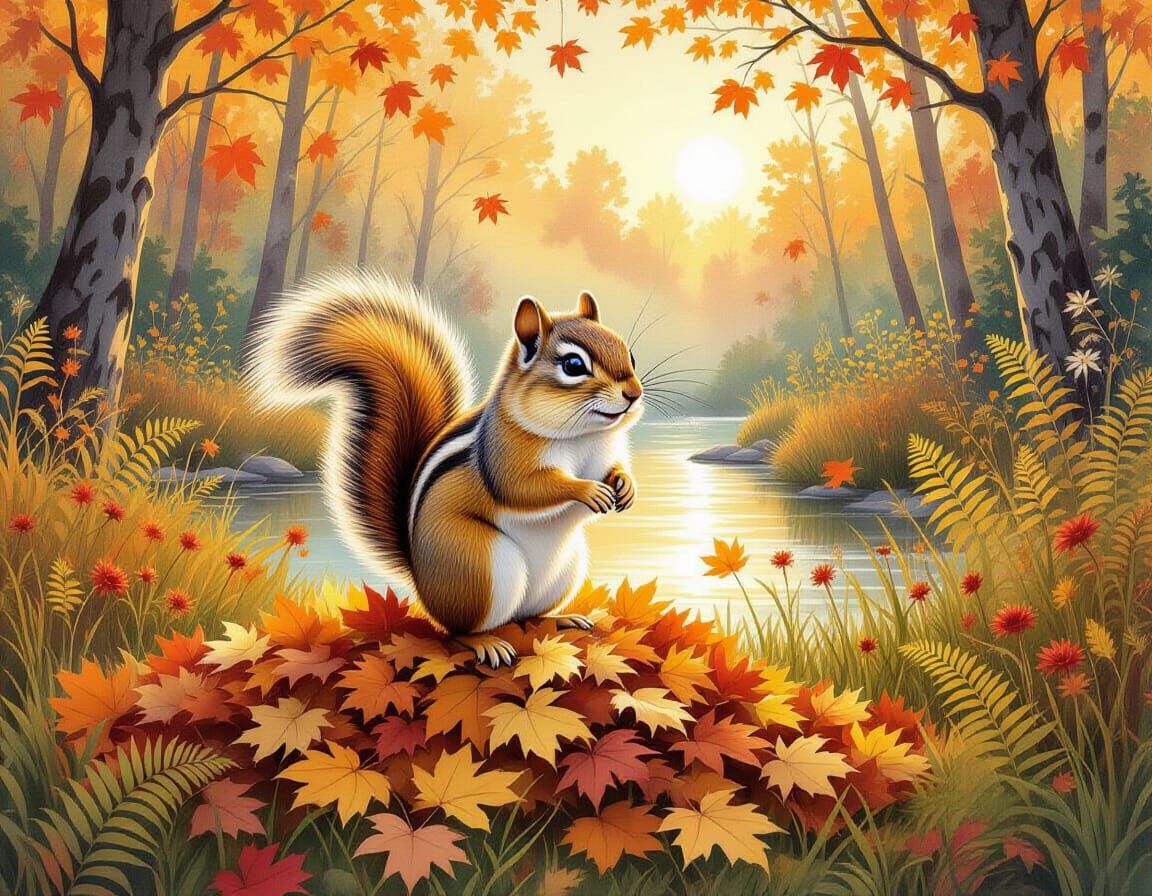 Cute Chipmunk Jumps in Autumn Leaves - Watercolor Ink Style