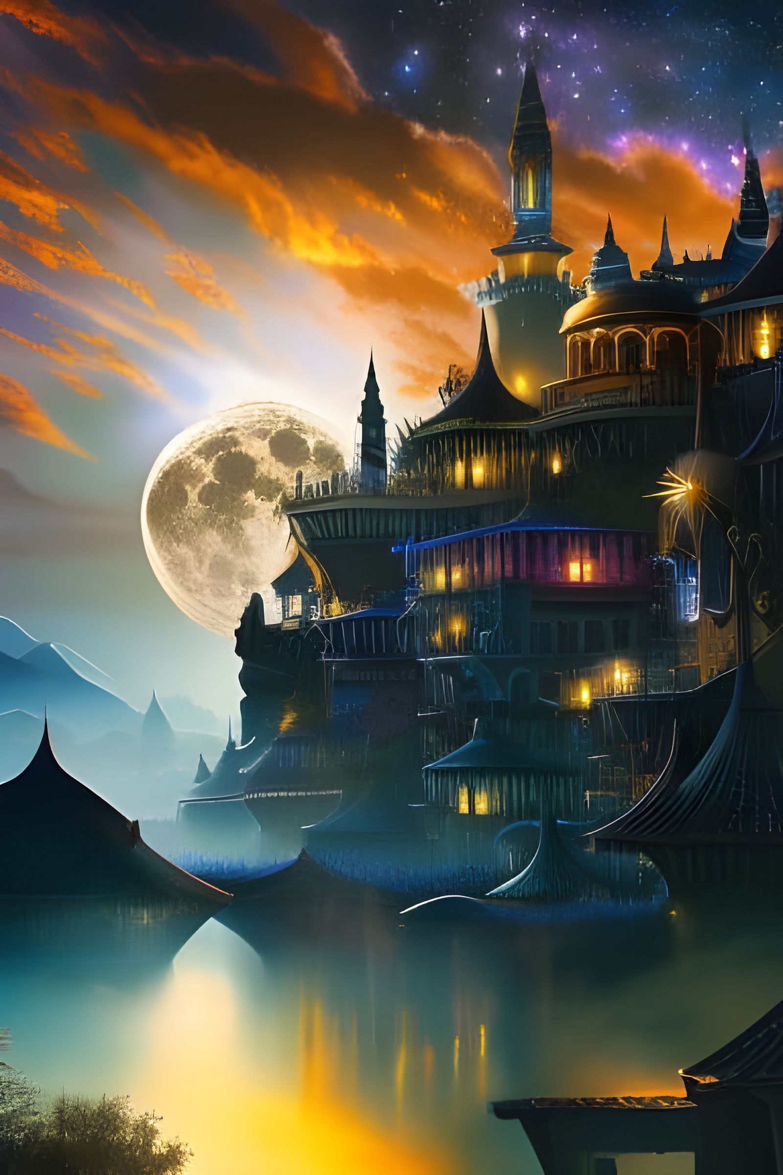 Magic Clock Town Under Starry Night Sky