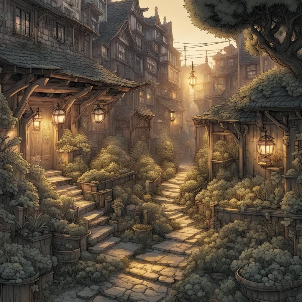 Urban Garden in Hobbit Town, Retro D&D Illustration