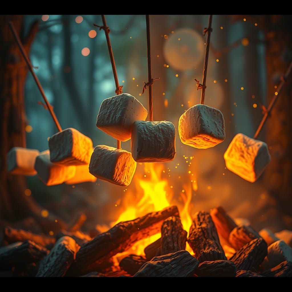 Golden Marshmallows Dancing in Whimsical Forest
