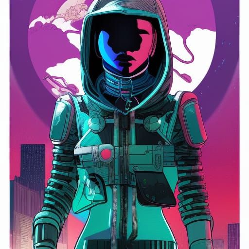 Cyberpunk Cyborg Hacker in Hoodie, Vivid Colors