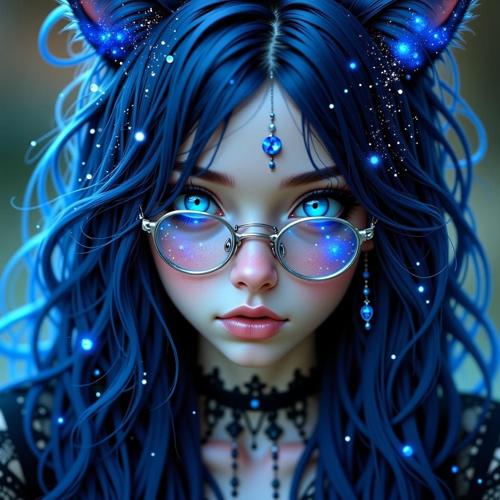 Surreal Cosmic Cat Girl Portrait in Art Nouveau Style