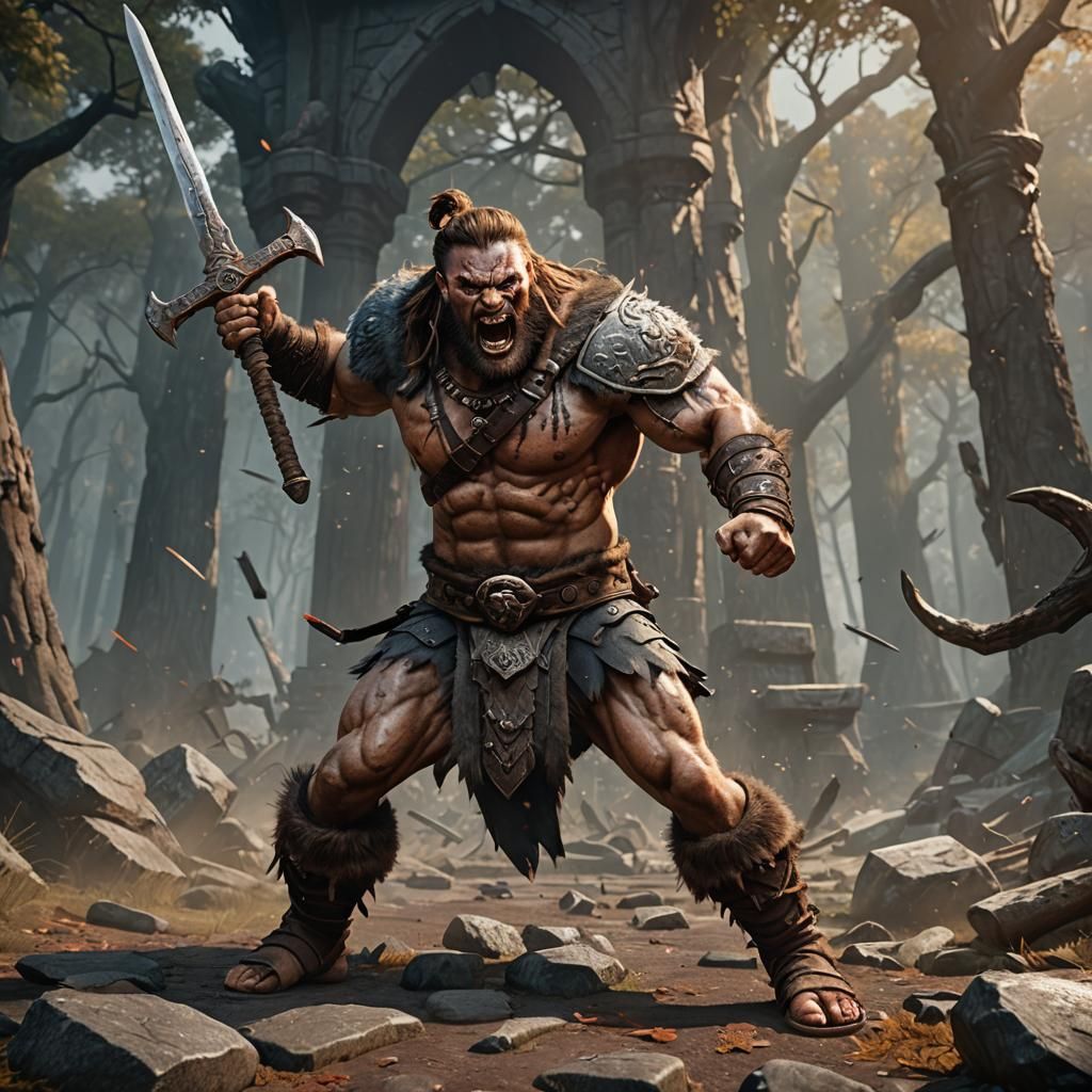 Furious Barbarian Swings Longsword: Detailed Matte Painting