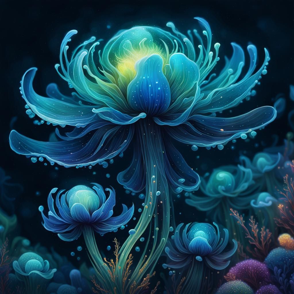 Bioluminescent Algae in Dark Sea, Anime Style