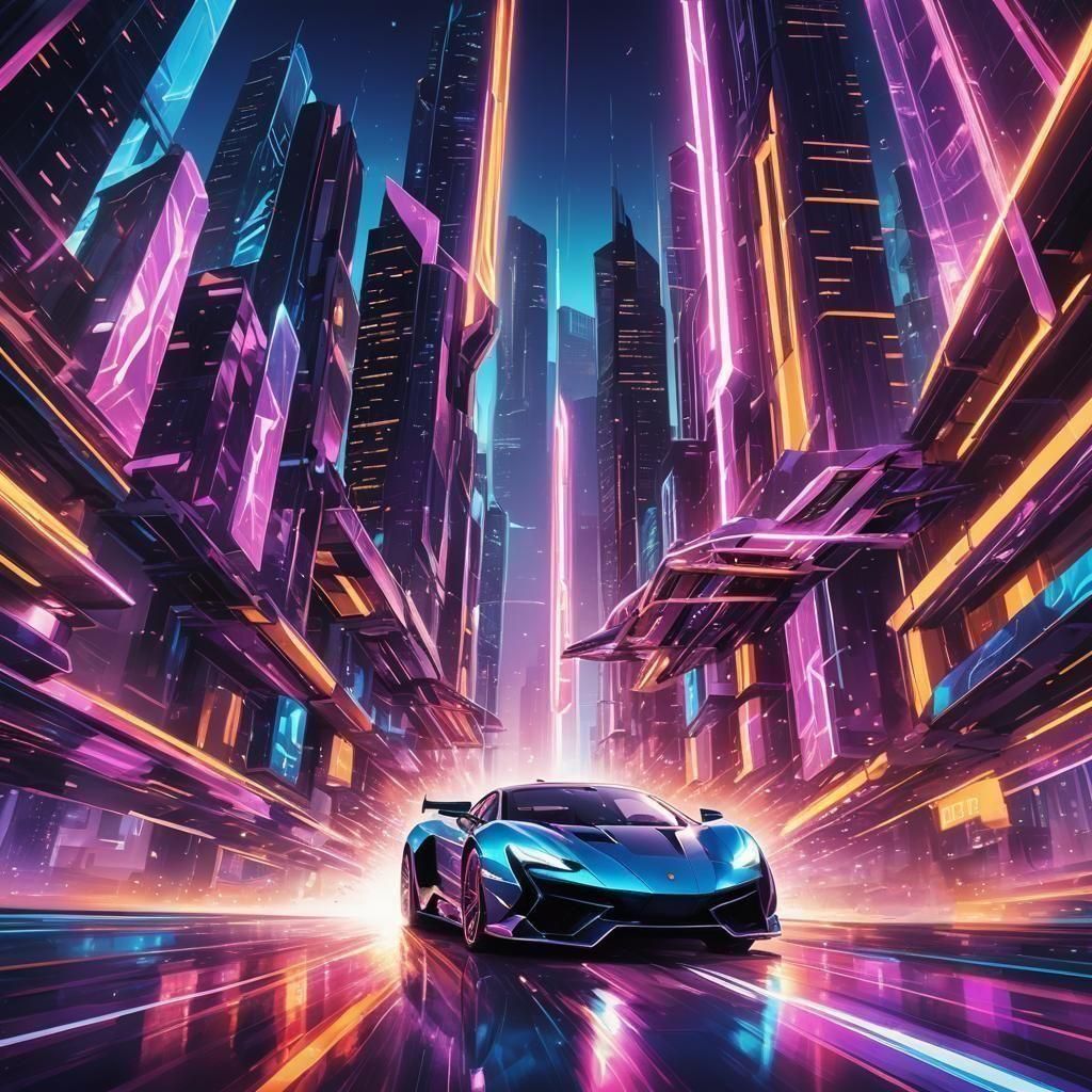 Futuristic Supercar Flying Through Crystal City