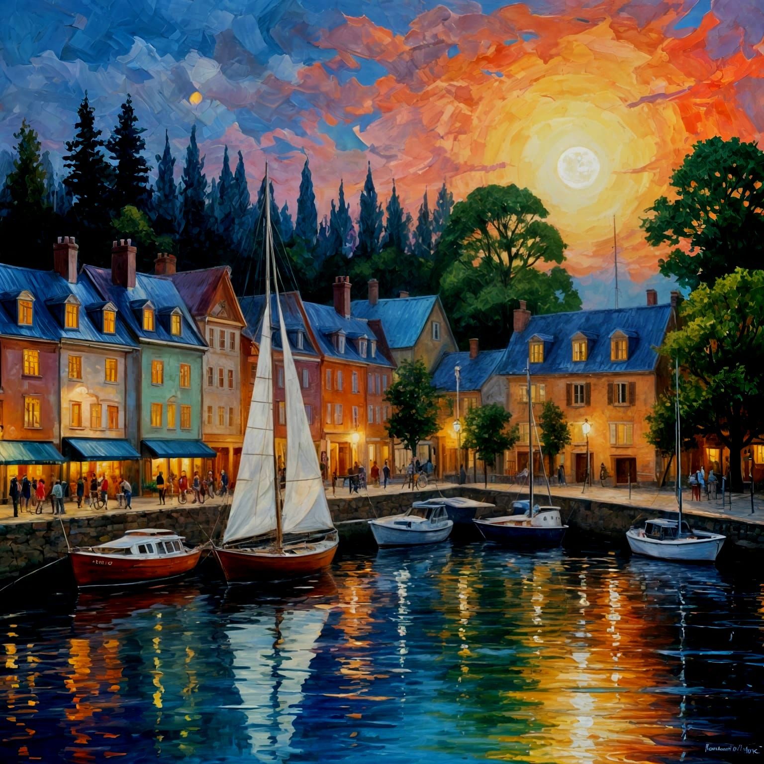 Romantic Nighttime Harbor Scene in Impasto Style