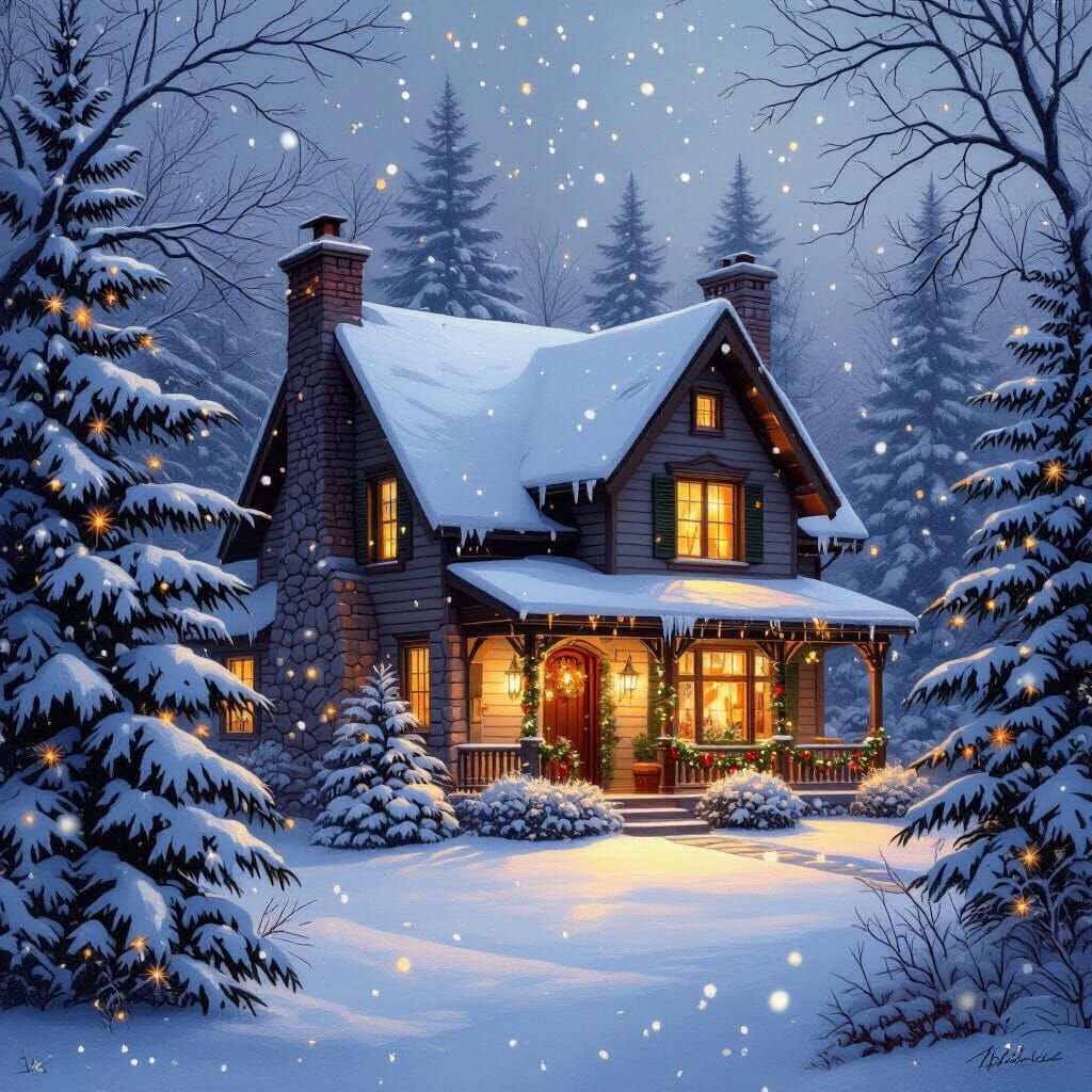 Cozy Christmas Mountain House in Gentle Snowfall