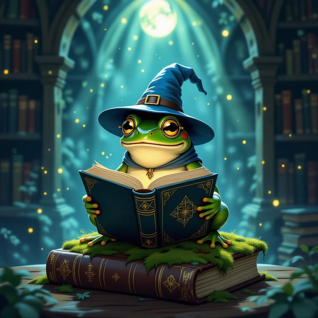 Anthropomorphic Frog Wizard on Ancient Tome in Enchanted Lib...