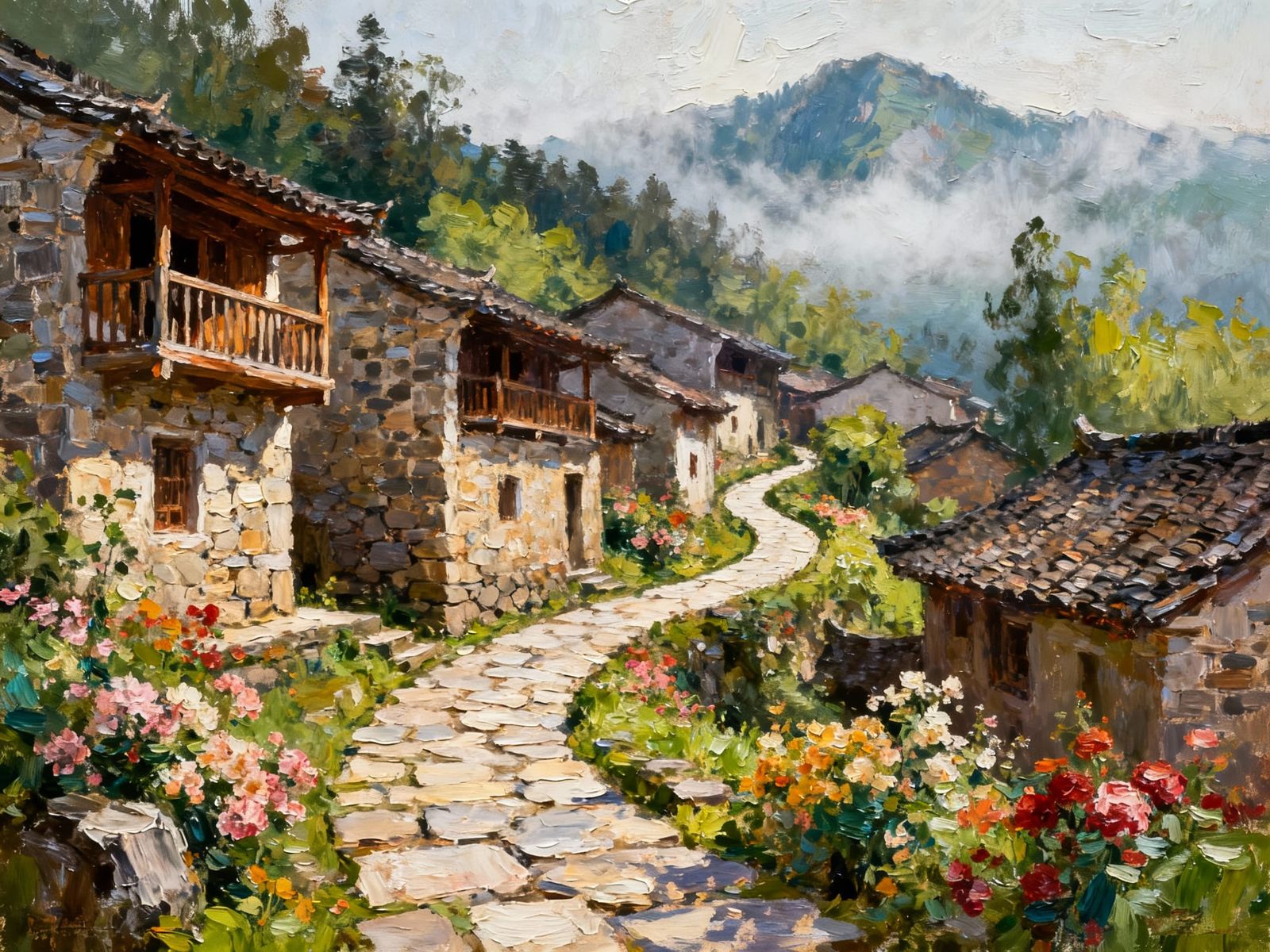 Impasto Painting of Traditional Chinese Village