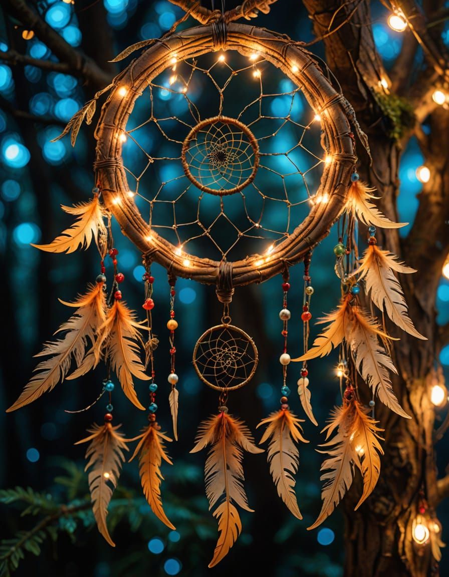 Whimsical Dreamcatcher on Magical Tree with Fairy Lights