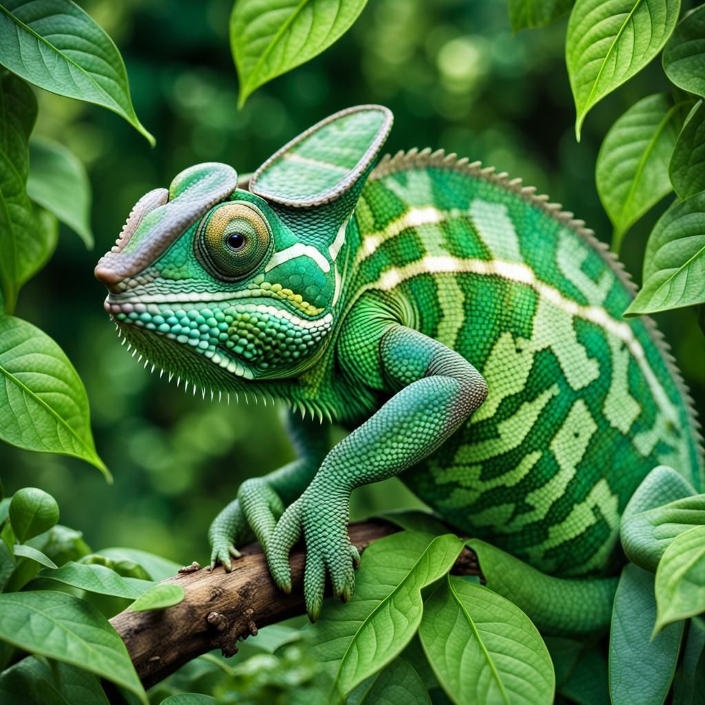 Hyperrealistic Chameleon Blends Into Green Leafy Background