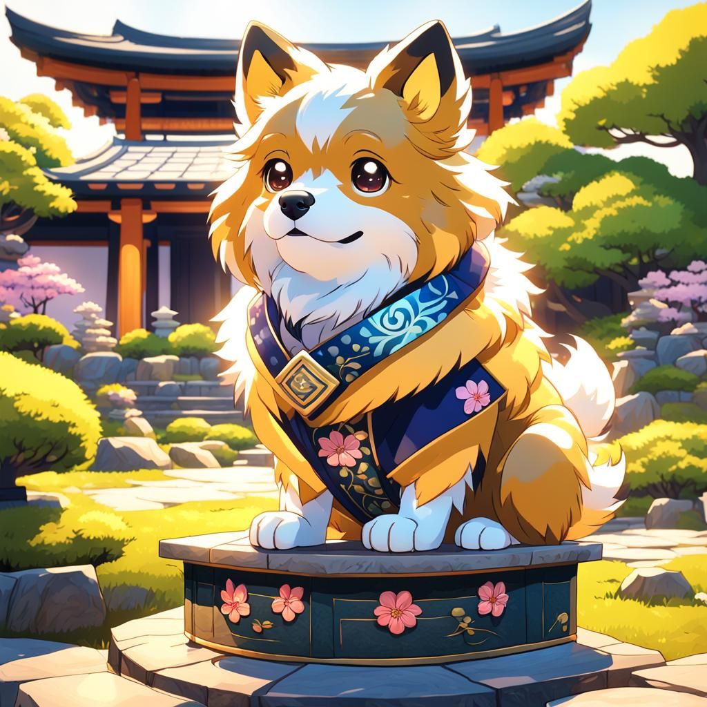 Cute Dog in Japanese Garden: Anime-Inspired 3D Art