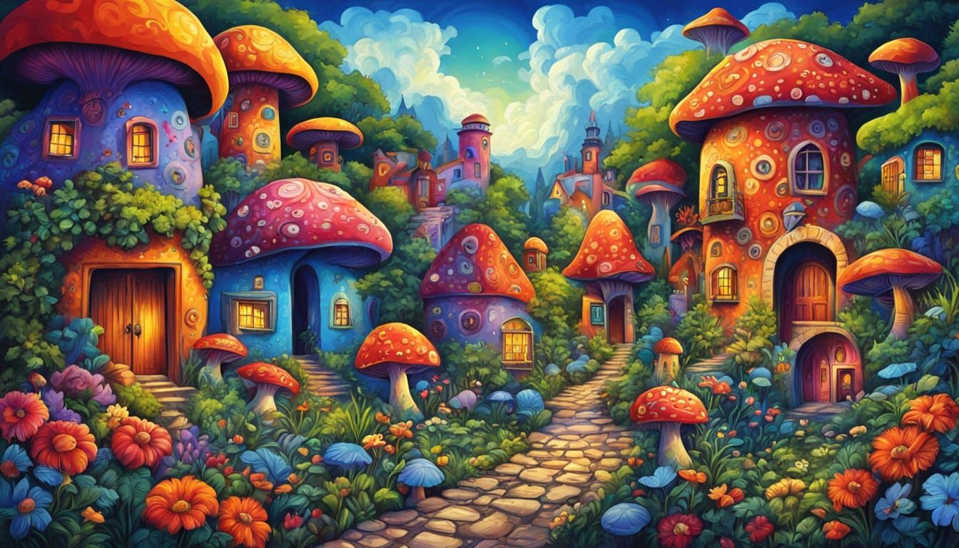 Utopian Psychedelic Village of Flowers and Mushrooms