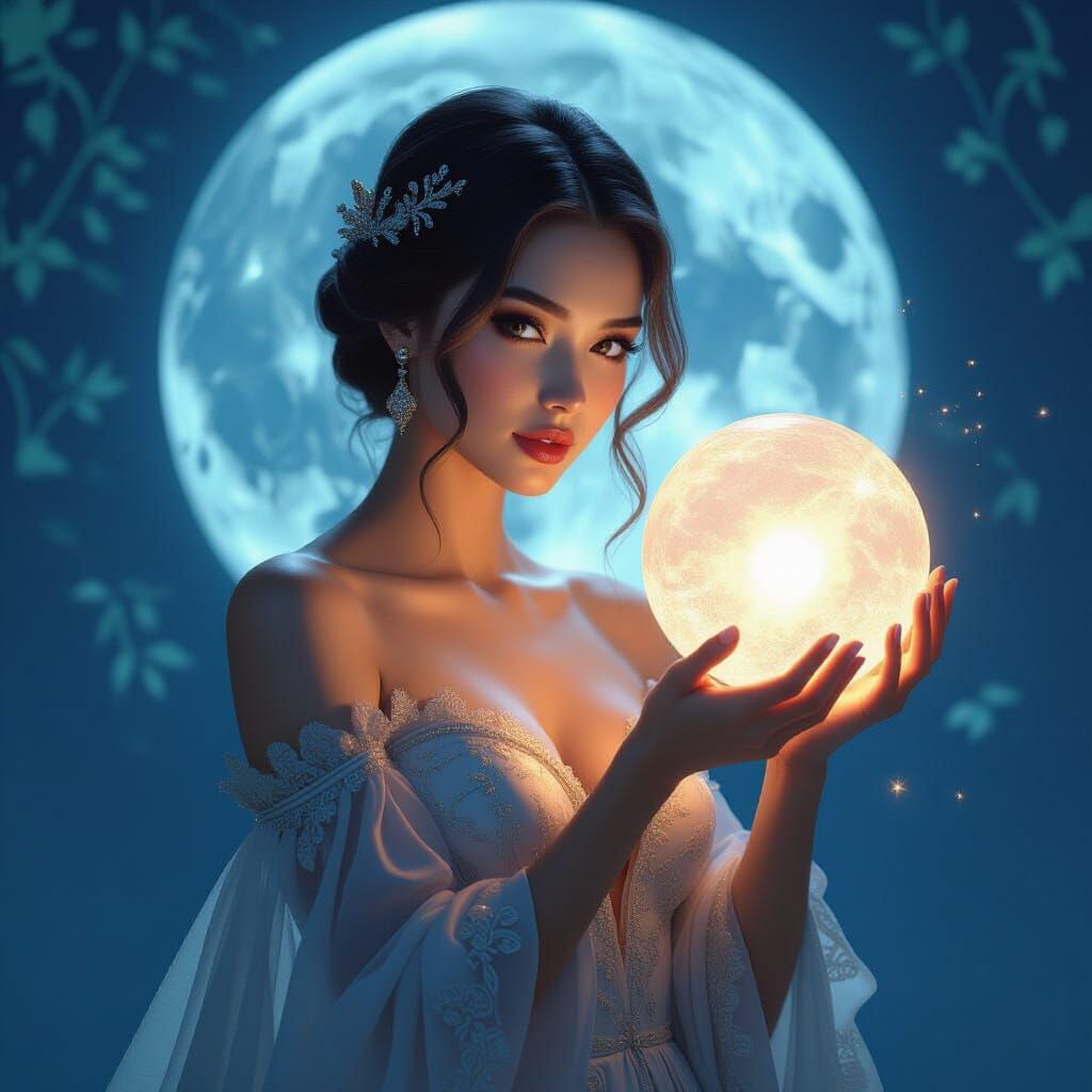 Moonlit Woman With Light Orb, Elegant Portrait