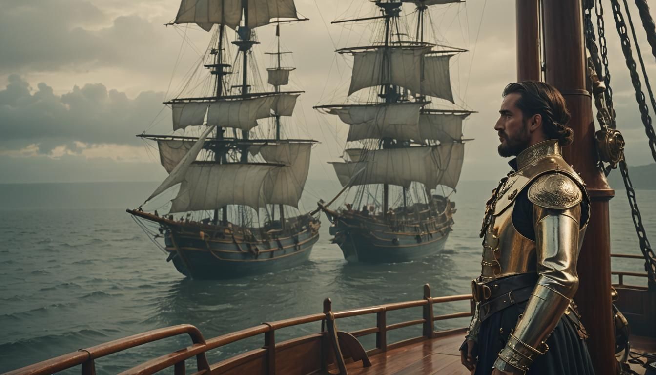 Conquistador on Galleon Deck in Steampunk Style