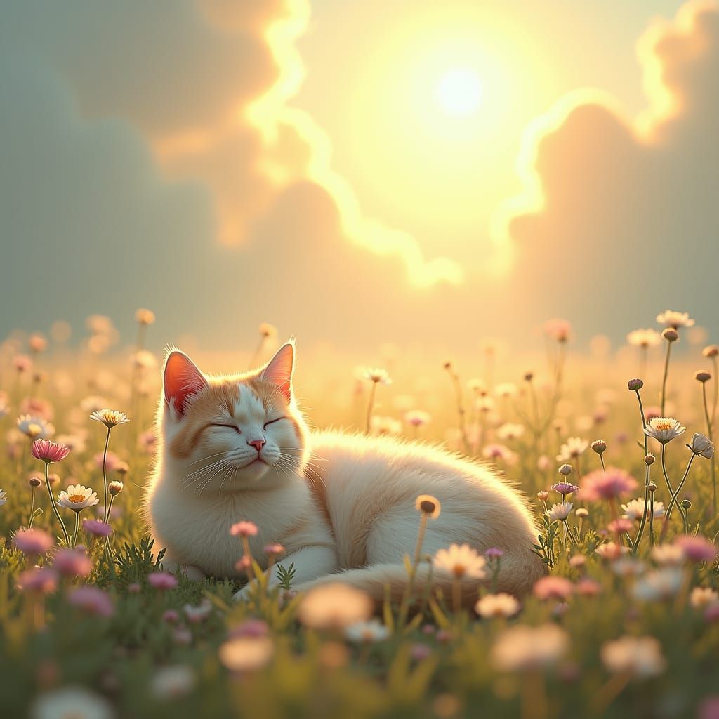 Cat in Pastel Wildflowers: Ethereal Impressionist Scene