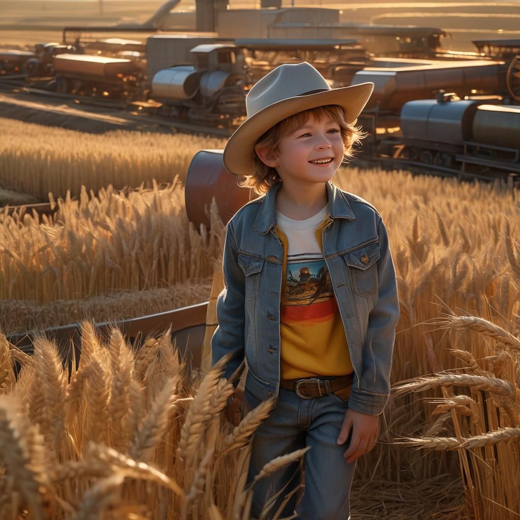 Child in Industrial Wheat Field: Dreamlike Concept Art