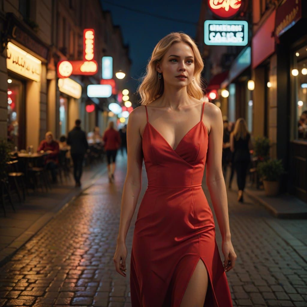Woman in Red Dress Approaches Neon-Lit Night Café