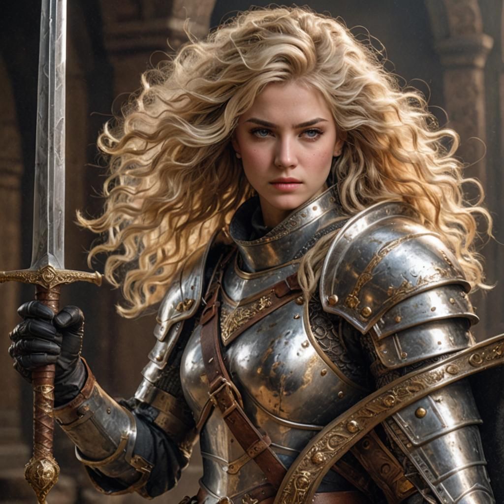 23 year old female, long sleek dirty blonde bouffant hair, battered armour, sword held in right hand, dented metal shie...