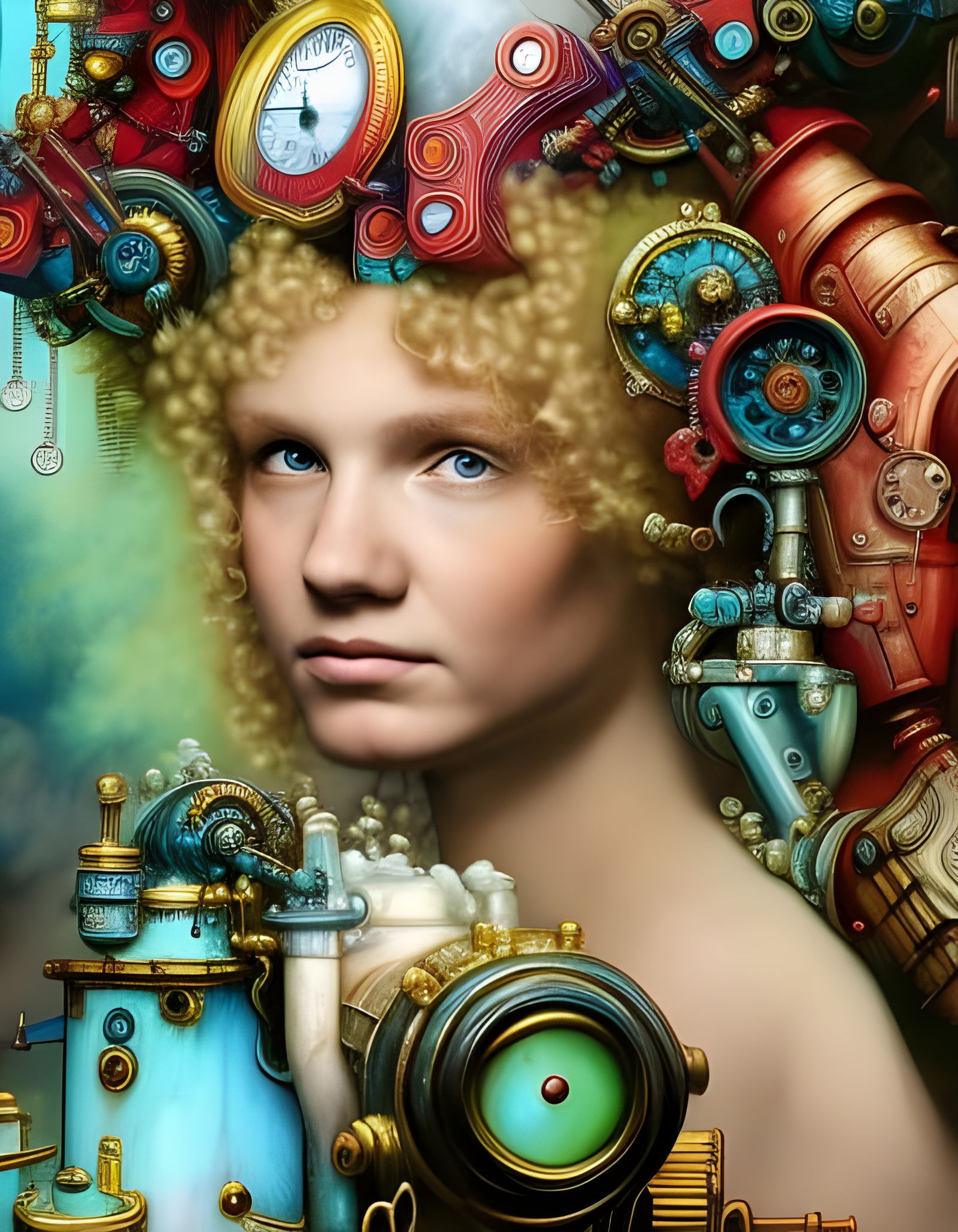Curly Blonde Portrait in Steampunk Ethereal Style