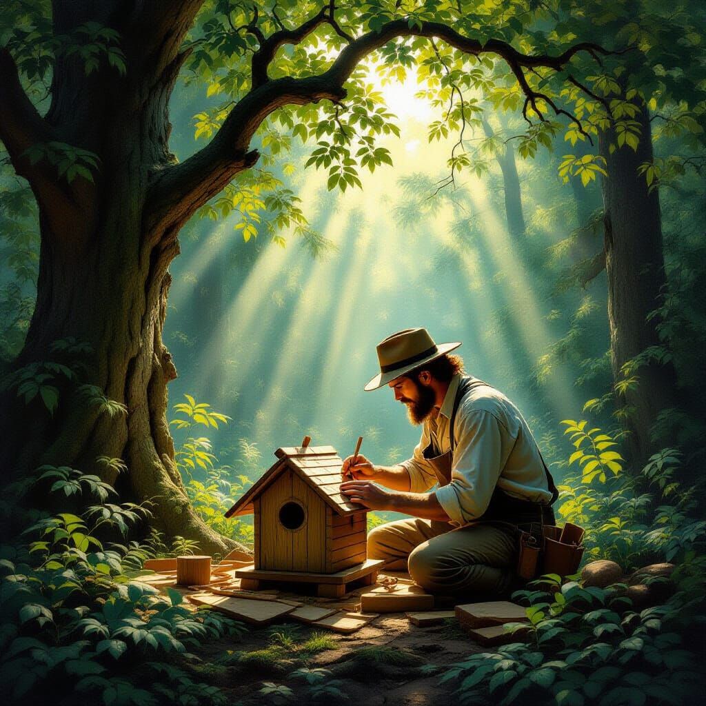 Carpenter Crafts Birdhouse in Sunlit Forest - Renaissance St...