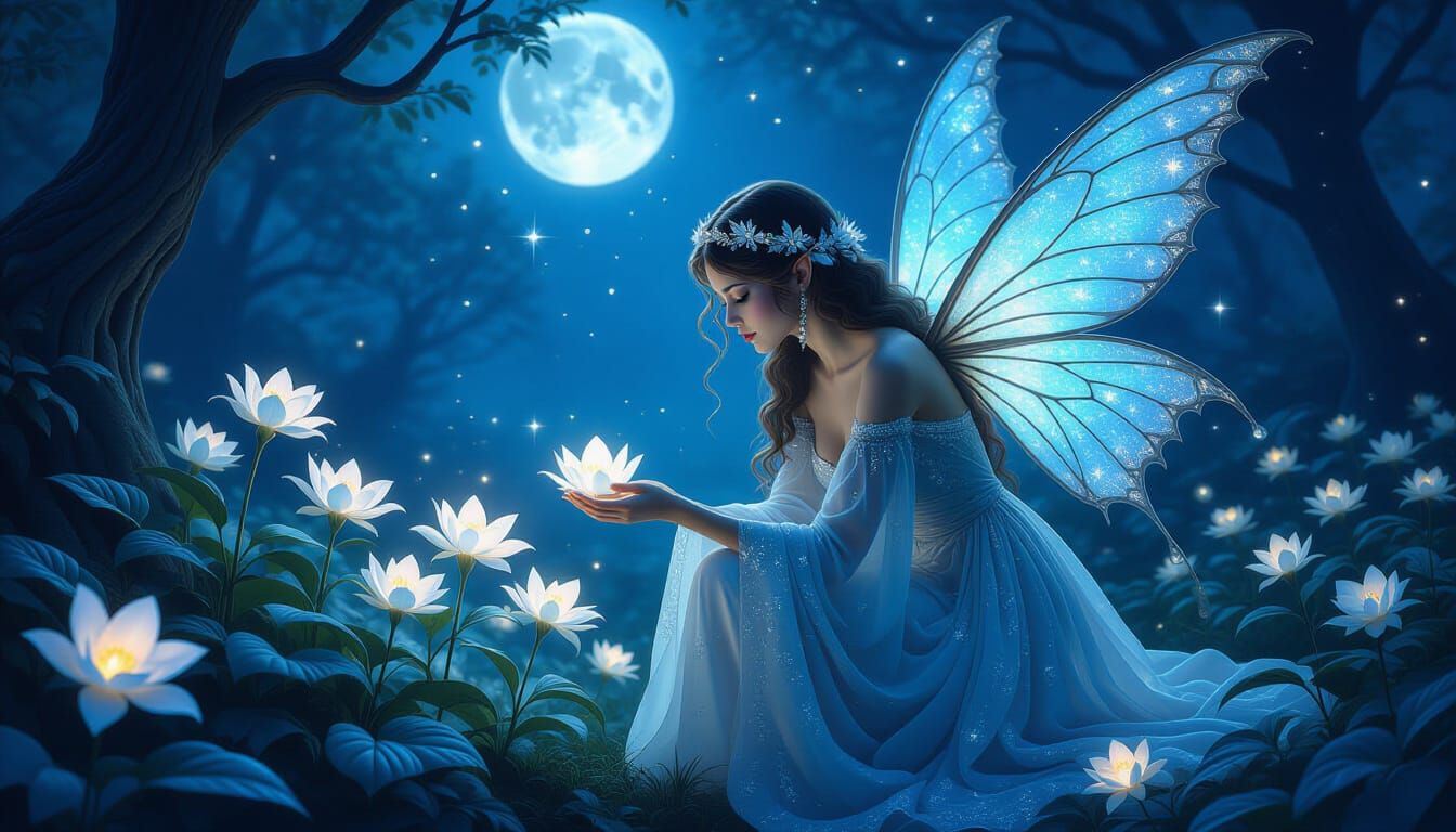 Ethereal Faerie Tending Moonlit Enchanted Forest Flowers
