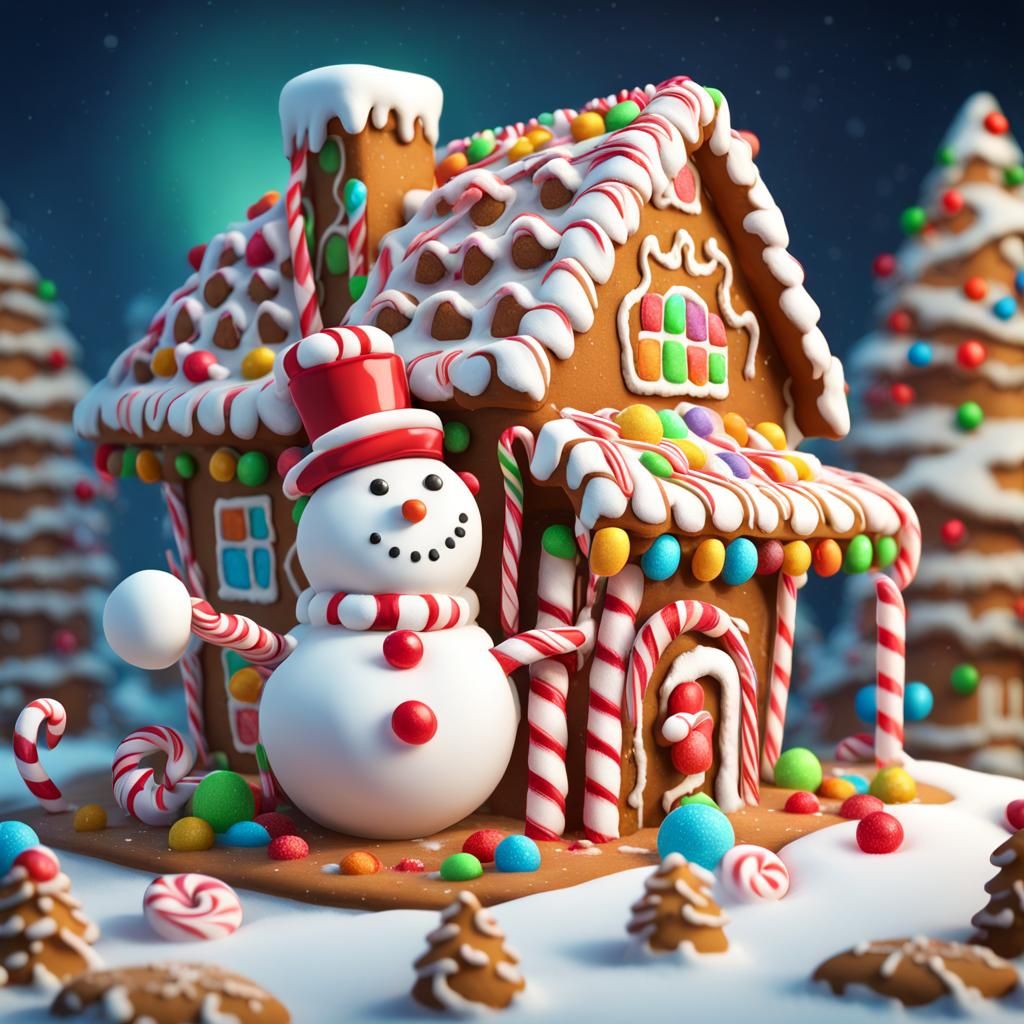Vibrant Candyland Gingerbread House with Whimsical Snowman
