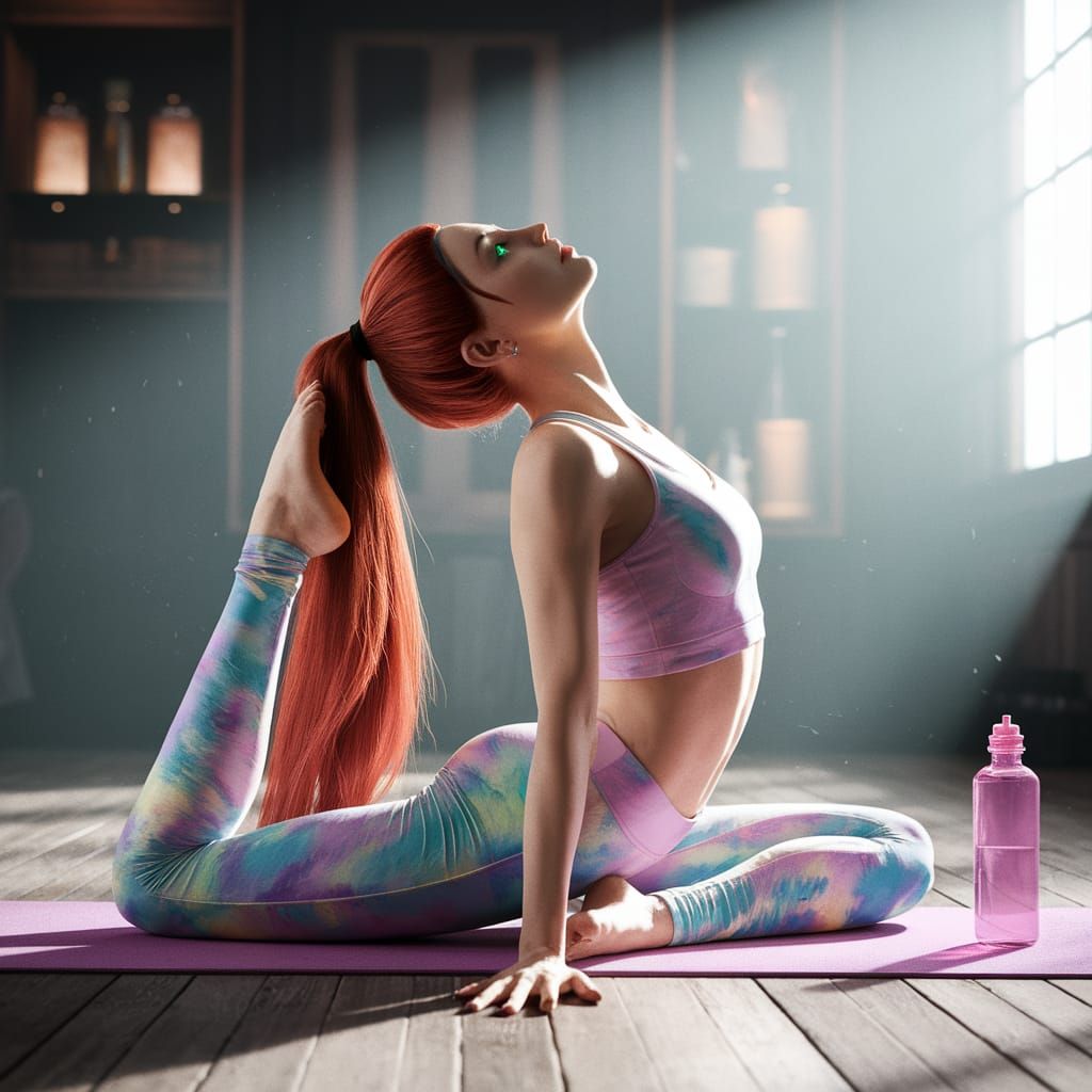 Japanese Woman in Ustrasana Yoga Pose, Watercolor Style