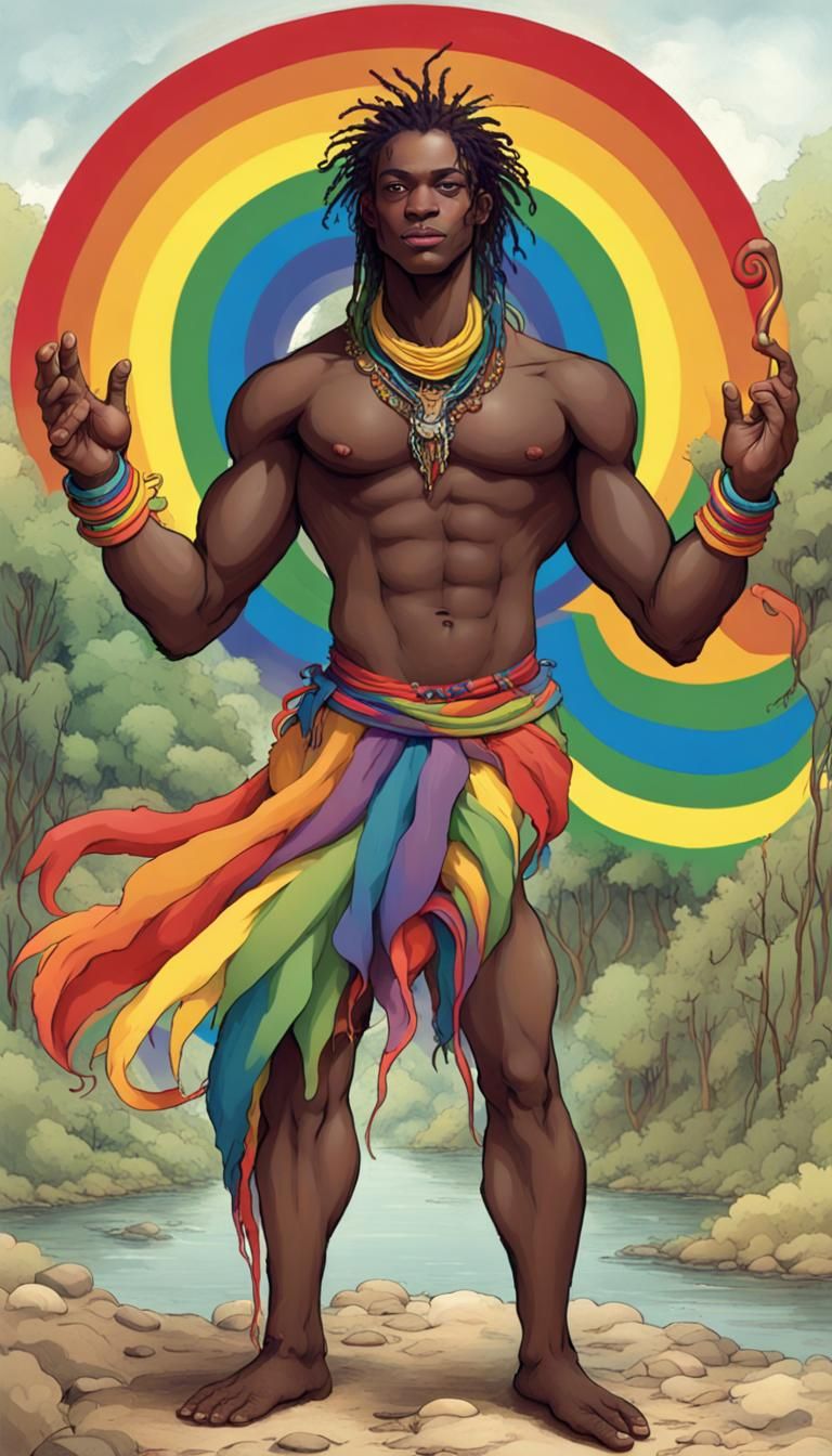 Haitian Rainbow Deity in Mythical Landscape
