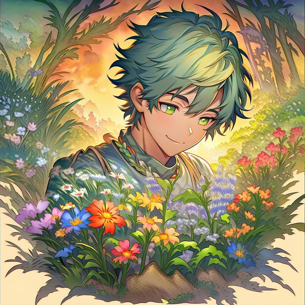 Anime Portrait: Cute Man Planting Herbal Flowers