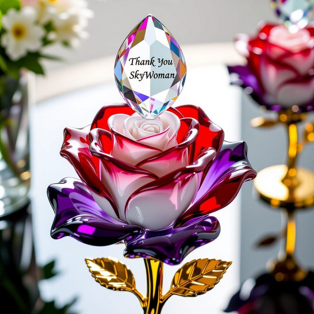 Glass Rose Statue with Crystal Leaf Engraving