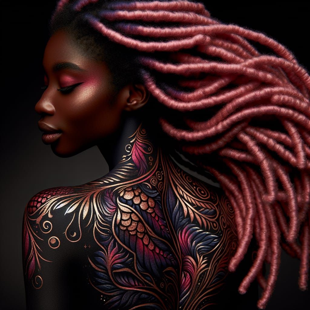 Detailed Body Art on Black Woman with Pink Locs