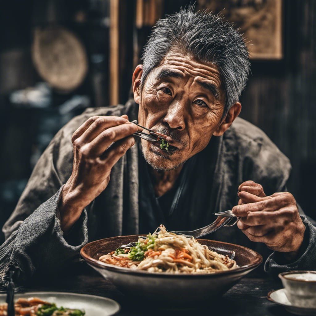 Hyperrealistic Portrait of Japanese Man Eating