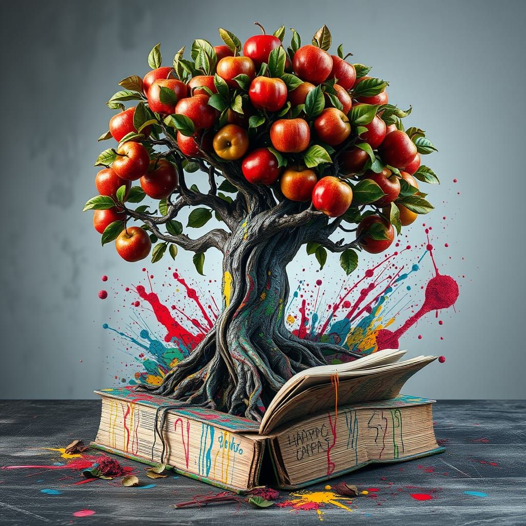 Vibrant Apple Tree Erupts from Graffiti Book in Hyper-Realis...