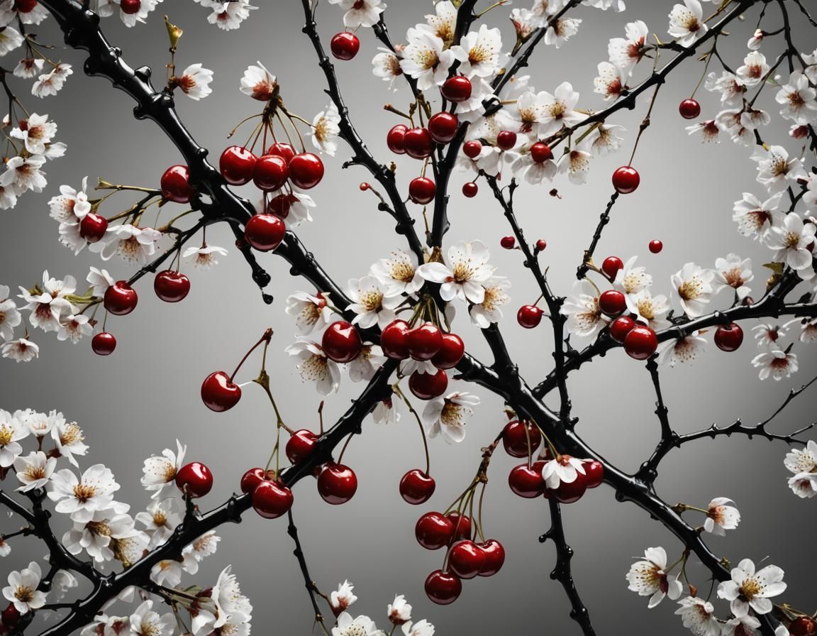 Hyperrealistic Cherries on Black and White Branch