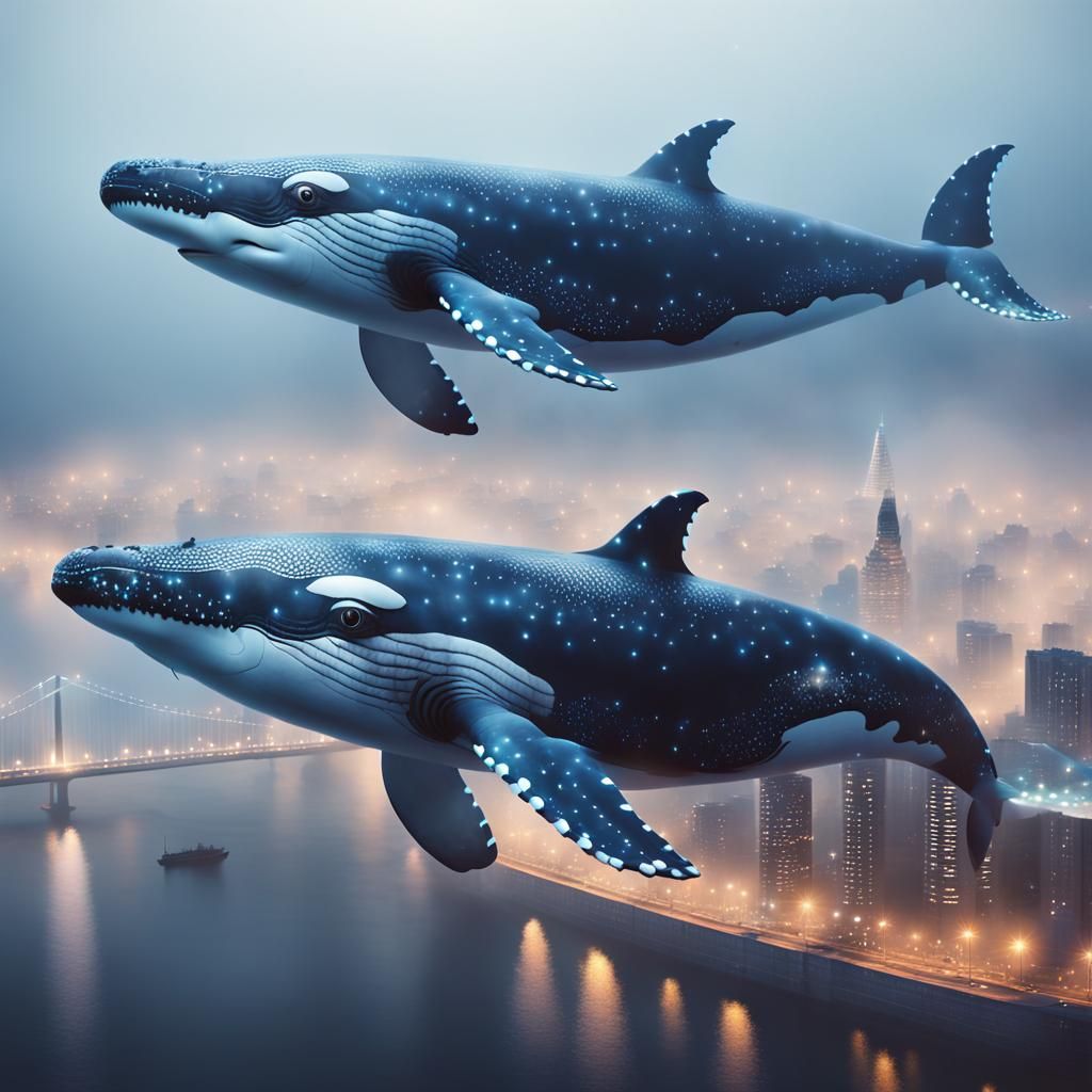 Whales Swim Over Foggy City in Dreamlike Scene