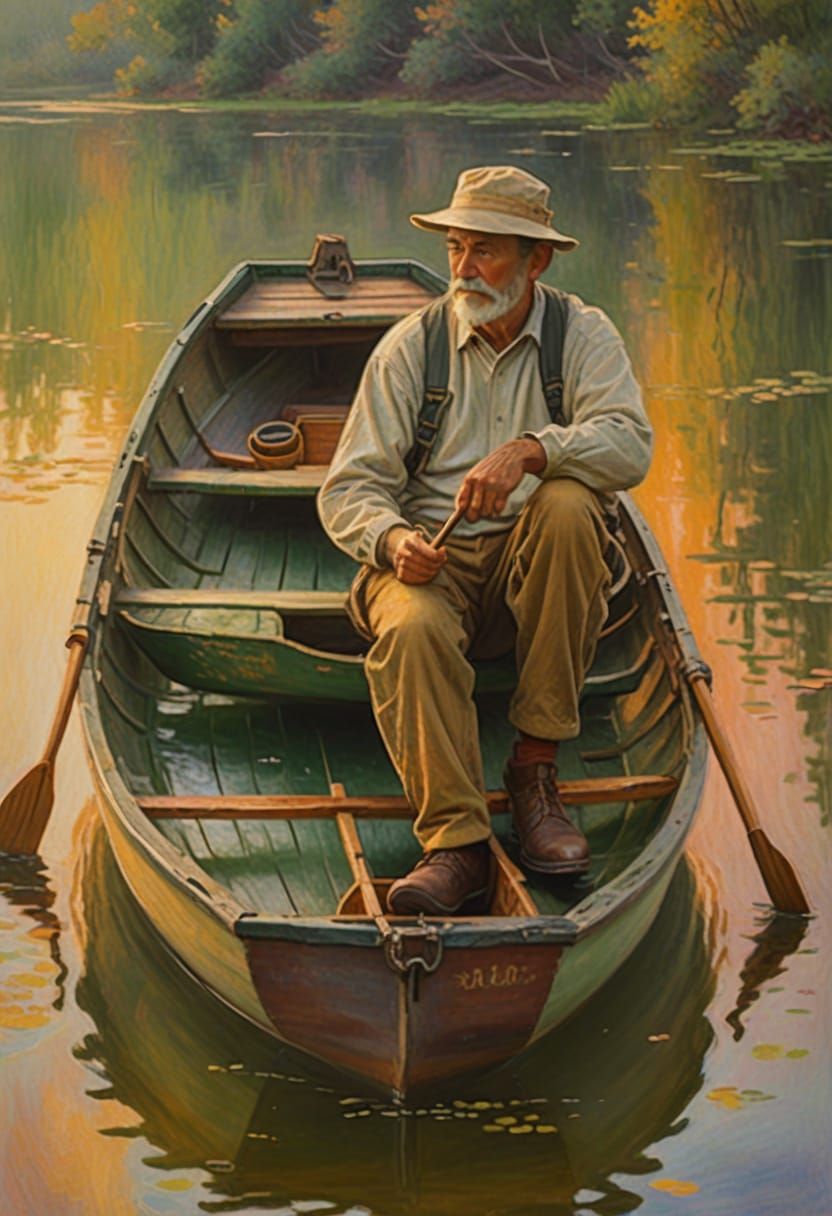 Impressionist Fisherman at Dawn on Serene Lake