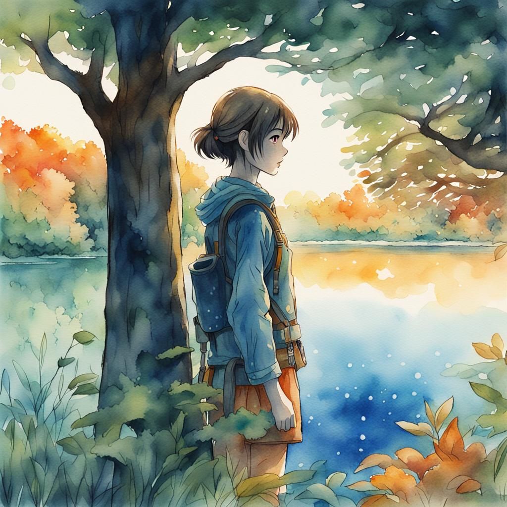 Manga Heroine at Lake in Watercolor Style
