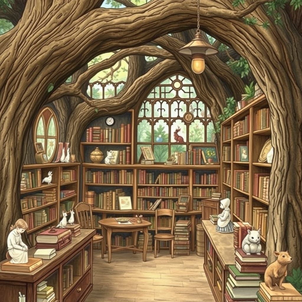 Cozy Bookshop in Ancient Oak, Beatrix Potter Style