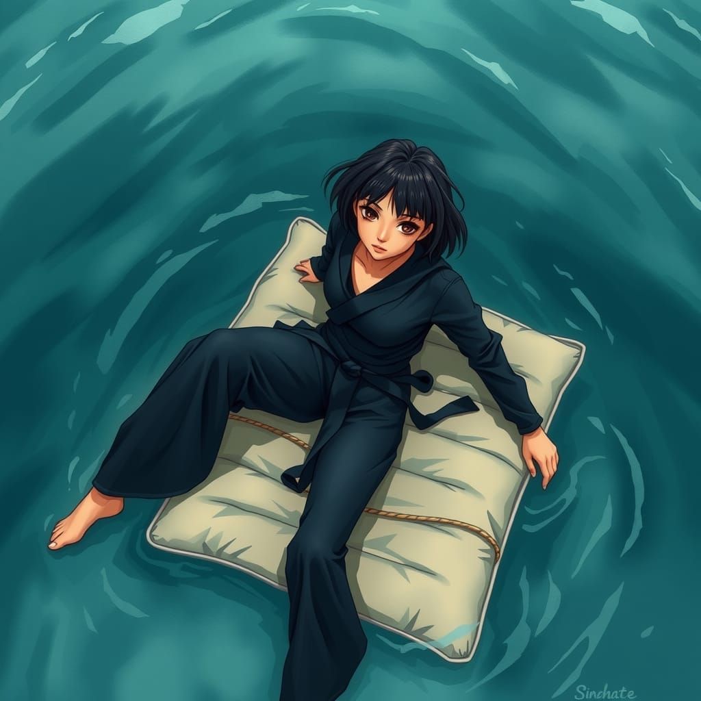 Melancholy Ninja on Water Raft, Anime Style