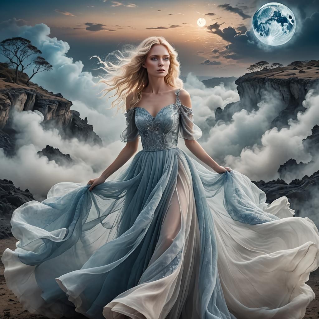Ethereal Woman in Smoke Gown, Surreal Landscape
